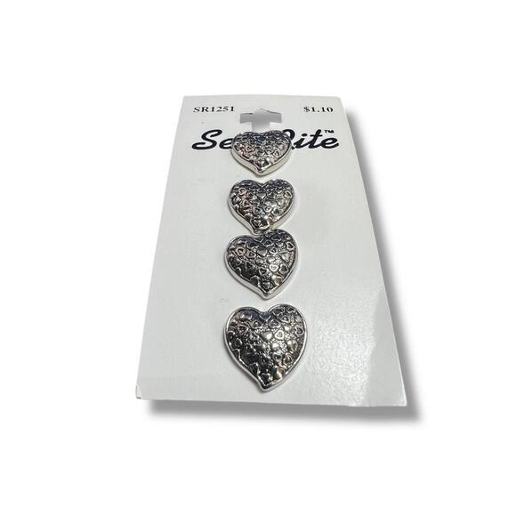 Sew-Rite Heart Buttons Silver Metal 4-Pack SR1251 Vintage  NWT Craft Sewing - Picture 1 of 2